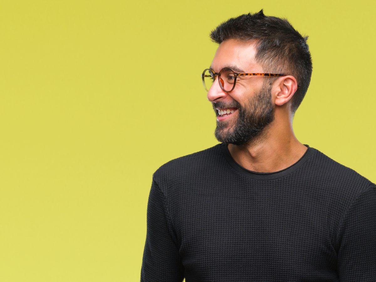 Adult,Hispanic,Man,Wearing,Glasses,Over,Isolated,Background,Looking,Away